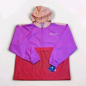 Champion Womens XL Hooded Windbreaker Jacket Lightweight Pullover Melon Pink